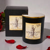Aphrodite Goddess candle with packaging and red rose petals on a light background