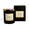 Leo Zodiac candle with gold lid and matching box on a white background