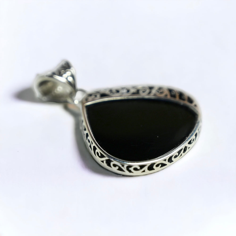 Sterling Silver Ornate Black Obsidian Pendant
